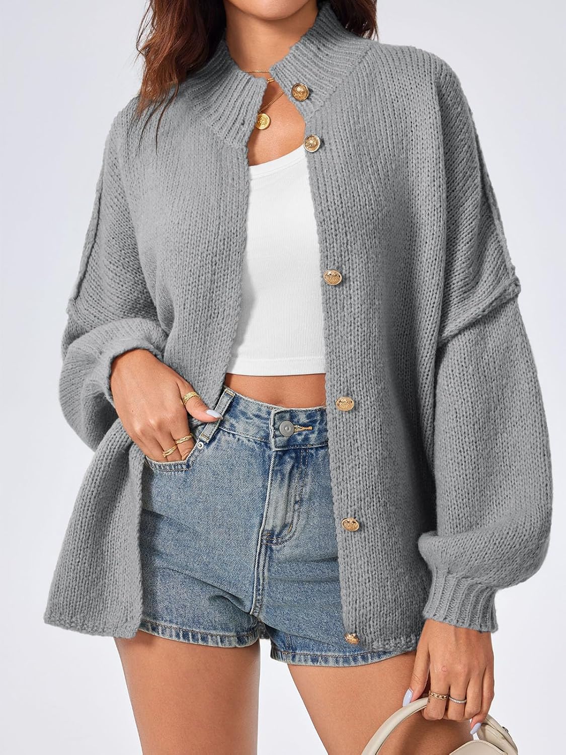 Women Thermal Stand Collared Open Front Cardigan Fall Oversized Button Down Sweater Jacket