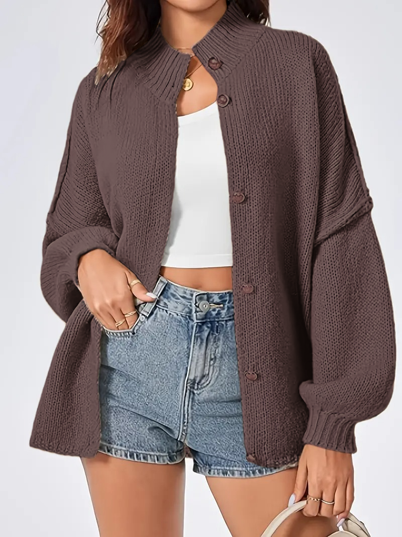 Women Thermal Stand Collared Open Front Cardigan Fall Oversized Button Down Sweater Jacket