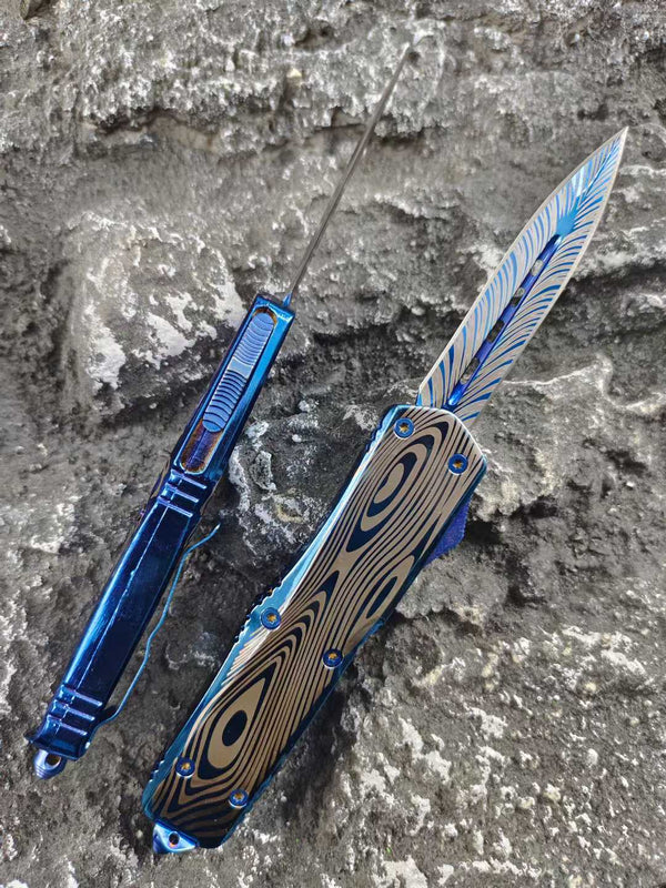 Blue Titanium Shark Tooth Dragon Straight Jump Knife