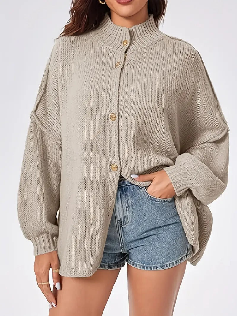 Women Thermal Stand Collared Open Front Cardigan Fall Oversized Button Down Sweater Jacket